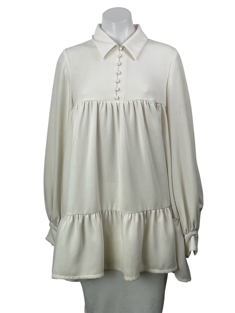 Danielle Bernstein Cream Long Sleeves Tiered Ruffles Peplum Tunic Blouse Top XS